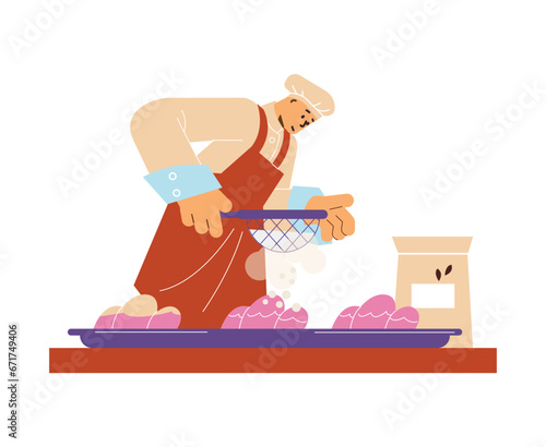 Man confectioner cooking cake, pie sprinkles with powdered sugar, vector bakery chef in uniform preparing sweet dessert