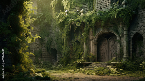 An old, crumbling castle with ivy-covered walls and a single, hidden door  © Textures & Patterns