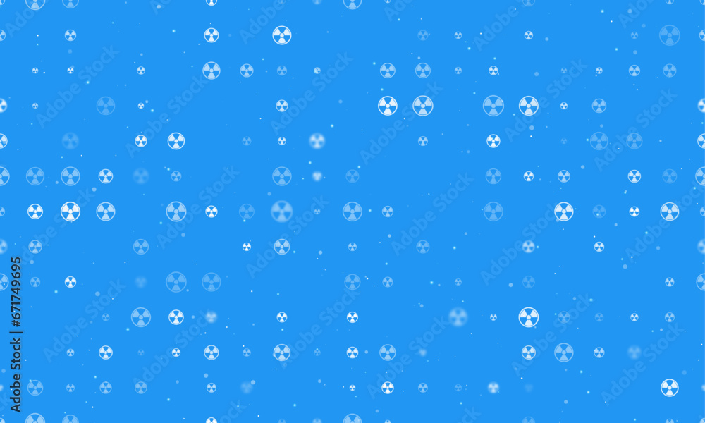 Seamless background pattern of evenly spaced white radiation symbols of different sizes and opacity. Vector illustration on blue background with stars