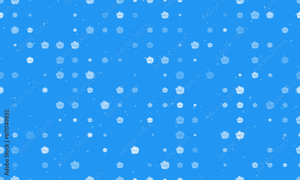 Seamless background pattern of evenly spaced white roses of different sizes and opacity. Vector illustration on blue background with stars