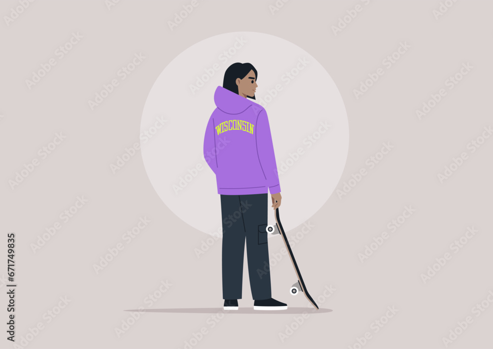 A view from behind of a young character wearing a hoodie and holding a skateboard A view from behind of a young character wearing a hoodie and holding a skateboard
