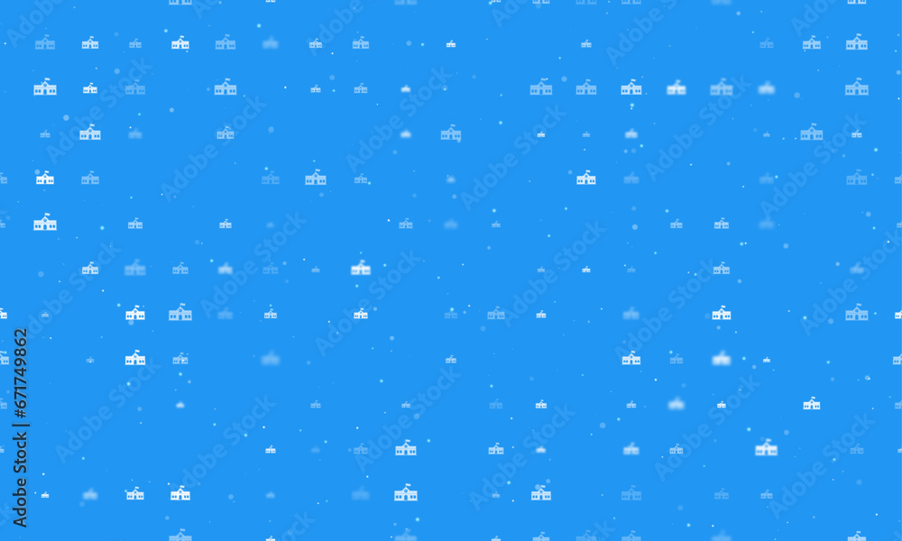 Seamless background pattern of evenly spaced white school building symbols of different sizes and opacity. Vector illustration on blue background with stars Seamless background pattern of evenly spaced white school building symbols of different sizes and opacity. Vector illustration on blue background with stars