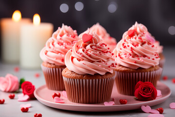 Valentine day shaped cupcakes heart decoration on light grey table
