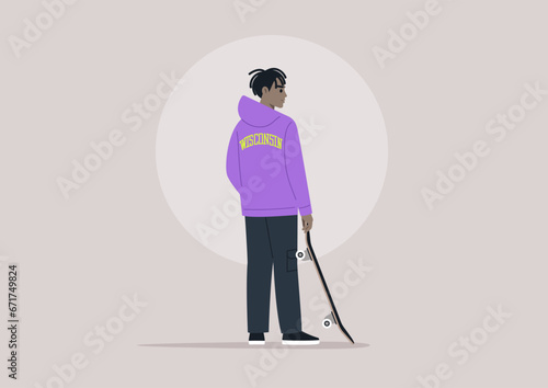 A view from behind of a young character wearing a hoodie and holding a skateboard