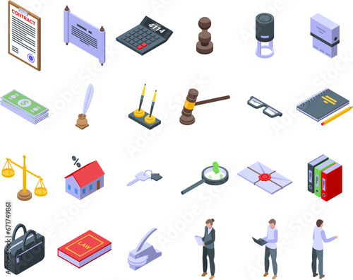 Notary services icons set isometric vector. Office laptop finance. Advocate judge