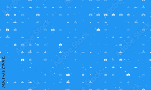 Seamless background pattern of evenly spaced white school building symbols of different sizes and opacity. Vector illustration on blue background with stars