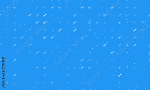 Seamless background pattern of evenly spaced white scissors symbols of different sizes and opacity. Vector illustration on blue background with stars