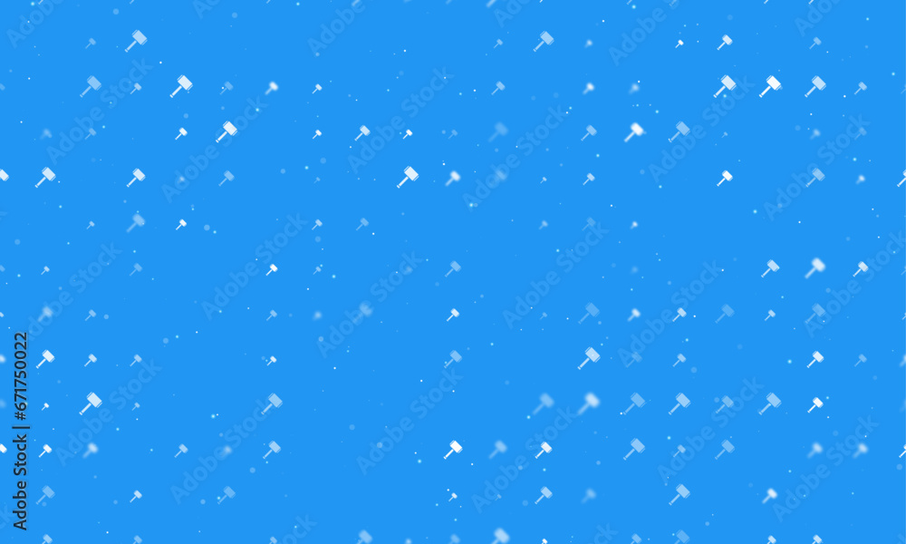 Seamless background pattern of evenly spaced white sledgehammer symbols of different sizes and opacity. Vector illustration on blue background with stars