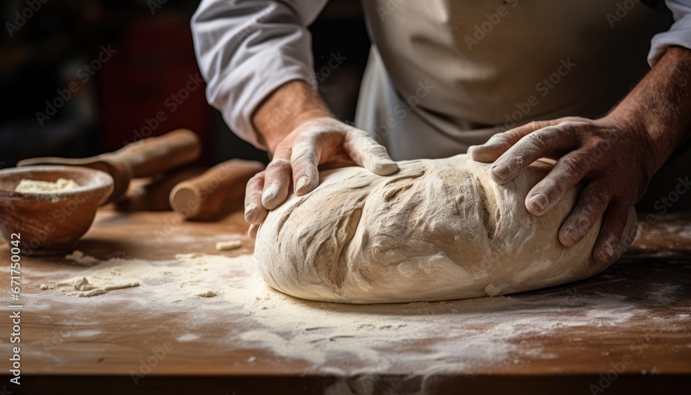 Photo of Kneading Dough on a Table with Hands Covered in Flour