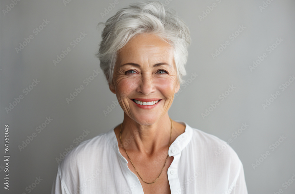 Portrait of attractive elderly happy laughing woman with gray hair over gray background. AI generated Portrait of attractive elderly happy laughing woman with gray hair over gray background. AI generated