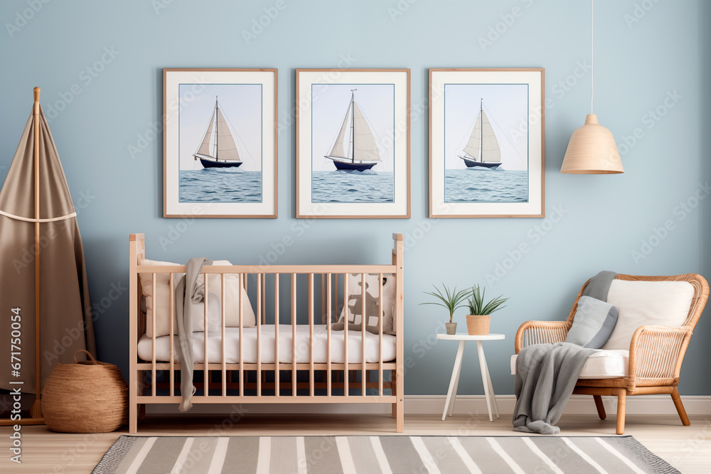 Classic boys nautical nursery with crib and vertical medium sized poster above crib - obrazy, fototapety, plakaty 