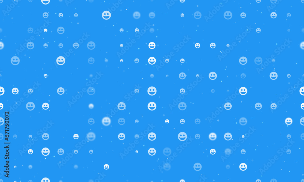 Seamless background pattern of evenly spaced white laughter Emoticons of different sizes and opacity. Vector illustration on blue background with stars