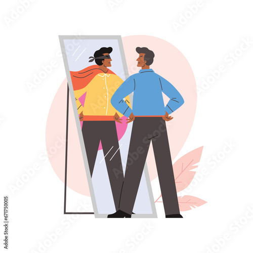 Business man admires himself and feels like Superhero, flat vector isolated.