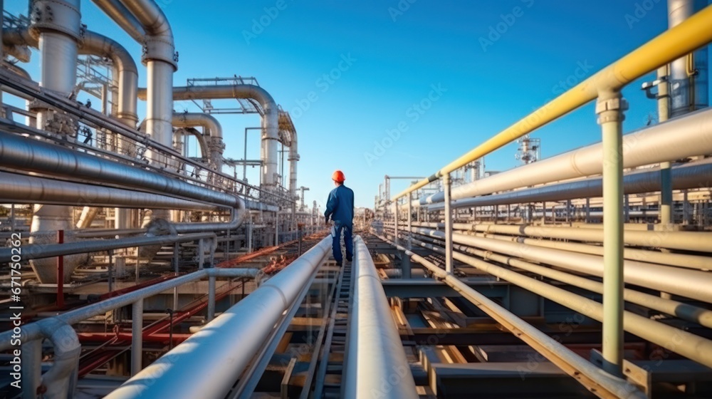Engineer working at oil and gas plant. Refinery plant. Equipment steel pipes. Industry and factory