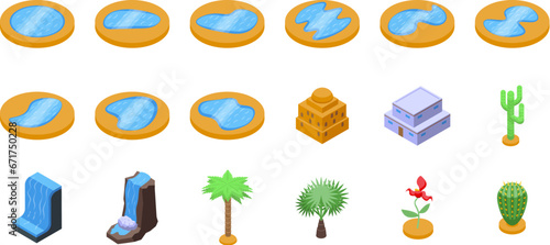 Lake in desert icons set isometric vector. Swamp palm tree. Desert oasis