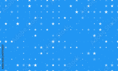 Seamless background pattern of evenly spaced white star symbols of different sizes and opacity. Vector illustration on blue background with stars