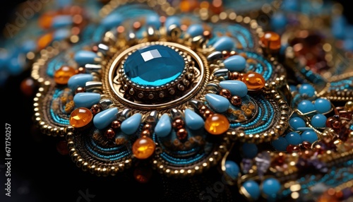Photo of a Beautiful Close-Up of a Sparkling Blue and Gold Brooch