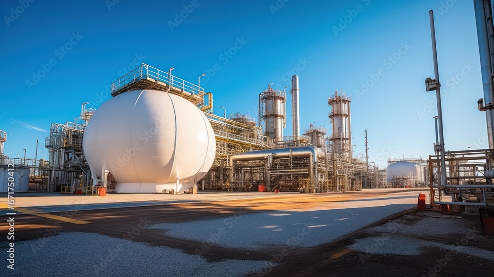 storage tank at oil and gas plant. Refinery plant. Equipment steel pipes. industrial pipeline and factory storage tank at oil and gas plant. Refinery plant. Equipment steel pipes. industrial pipeline and factory