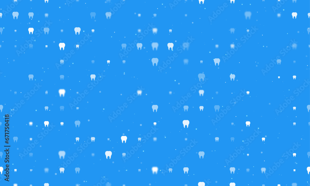 Seamless background pattern of evenly spaced white tooth symbols of different sizes and opacity. Vector illustration on blue background with stars