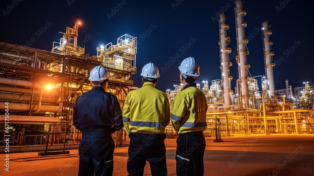 Group of Engineer working at oil and gas plant. Refinery plant. Equipment steel pipes. Industry and factory Group of Engineer working at oil and gas plant. Refinery plant. Equipment steel pipes. Industry and factory