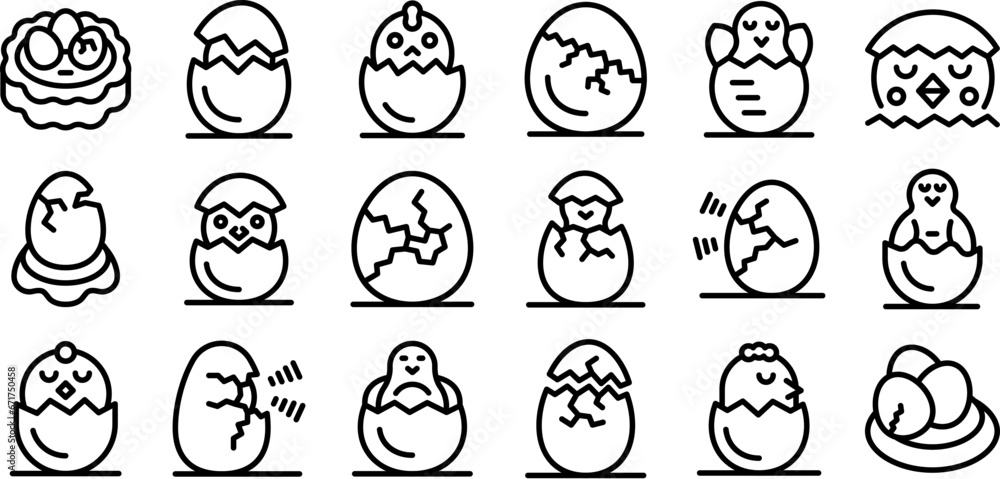 Chicken hatching icons set outline vector. Egg chicken nest. Baby bird farm Chicken hatching icons set outline vector. Egg chicken nest. Baby bird farm