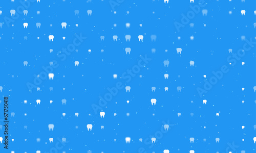 Seamless background pattern of evenly spaced white tooth symbols of different sizes and opacity. Vector illustration on blue background with stars