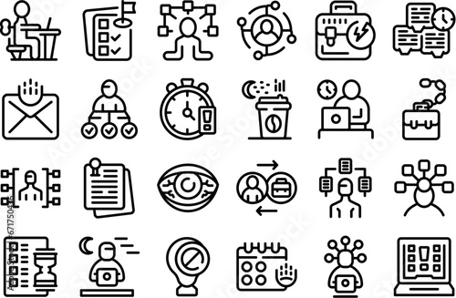 Workaholic icons set outline vector. Woman tired burnout. Bed night sick