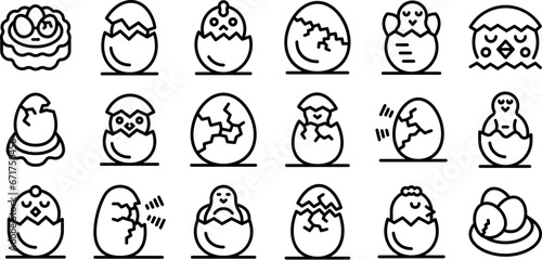 Chicken hatching icons set outline vector. Egg chicken nest. Baby bird farm