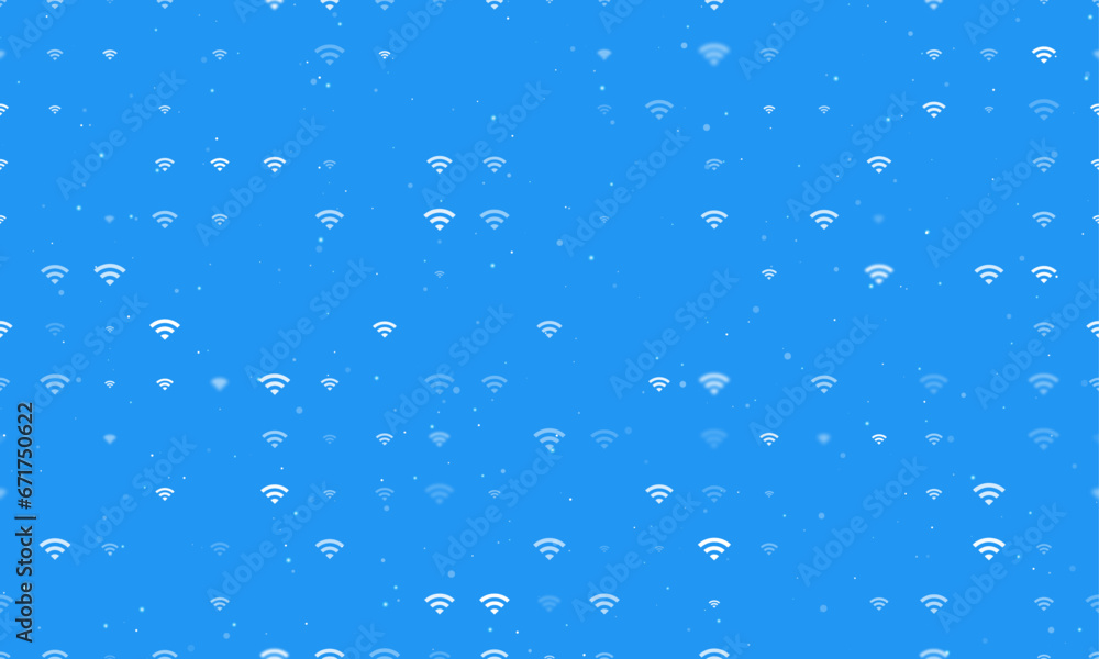 Seamless background pattern of evenly spaced white wifi symbols of different sizes and opacity. Vector illustration on blue background with stars