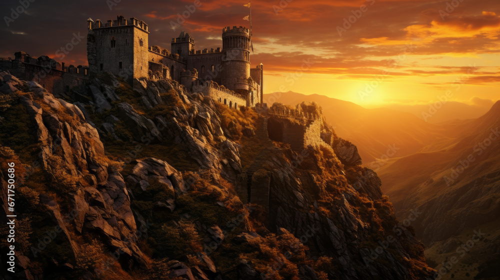 An old castle stands tall atop a hill, its crumbling walls illuminated by the setting sun