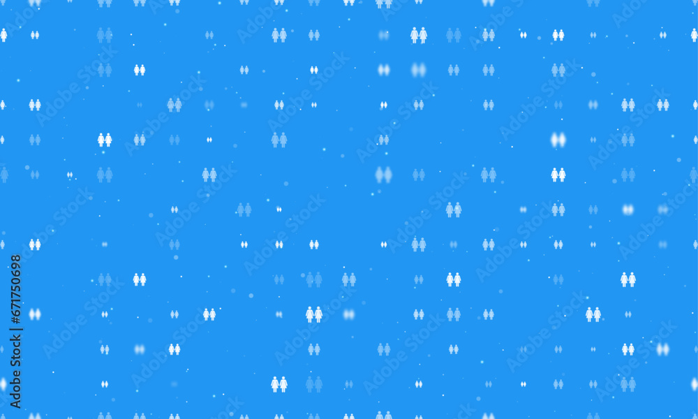 Seamless background pattern of evenly spaced white woman with woman symbols of different sizes and opacity. Vector illustration on blue background with stars