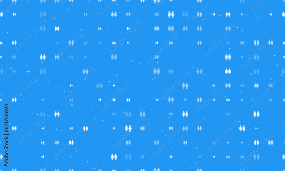 Seamless background pattern of evenly spaced white woman with woman symbols of different sizes and opacity. Vector illustration on blue background with stars