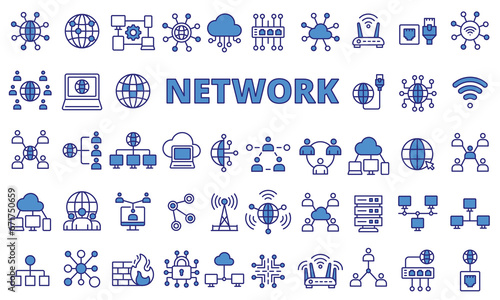 Network icon set in line design blue. Net, icon, global, cloud, computer, vector illustrations. Editable stroke icons.