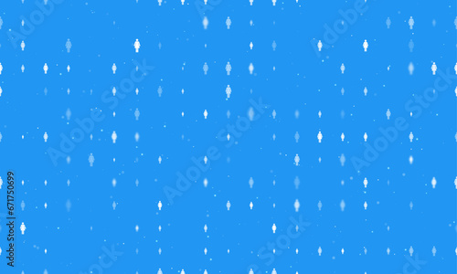 Seamless background pattern of evenly spaced white woman symbols of different sizes and opacity. Vector illustration on blue background with stars