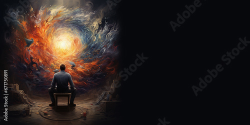 Illustration of man looking at colorful fantasy cloud backdrop. Back view. Mental Health Art Therapy. Healing power of artistic expression. Thoughts and feeling arise during creative process. Banner