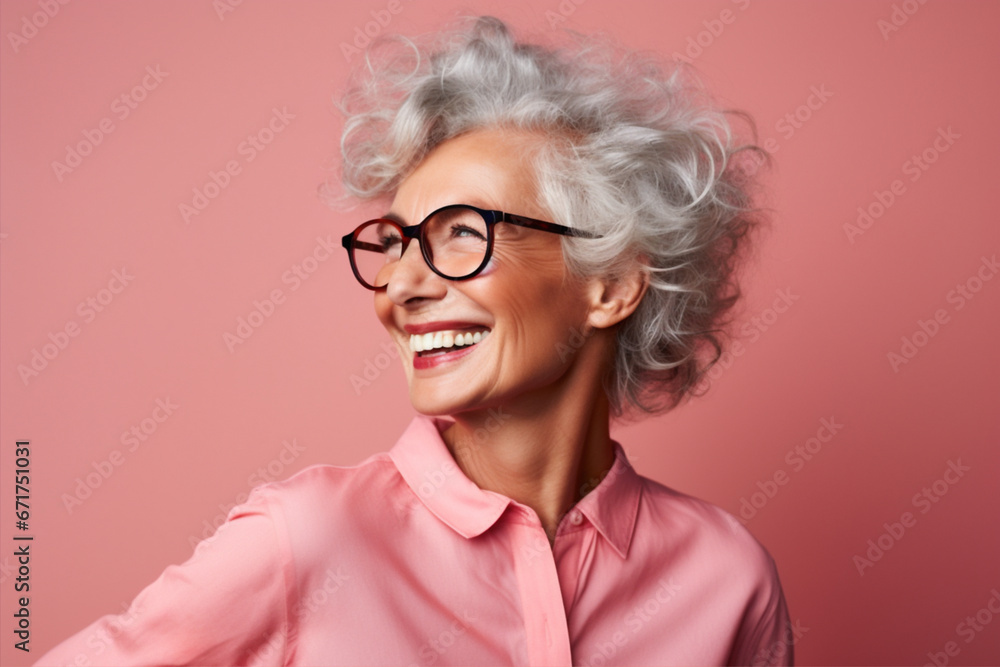 Portrait of attractive elderly happy laughing woman with gray hair wearing lasses over gray background. AI generated