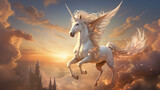 a fantastic beautiful white unicorn jumps through the sky among the clouds at dawn.