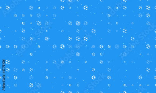 Seamless background pattern of evenly spaced white football symbols of different sizes and opacity. Vector illustration on blue background with stars