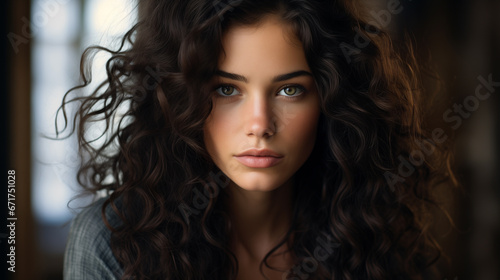beautiful young woman with green or blue eyes and curly dark hair. portrait