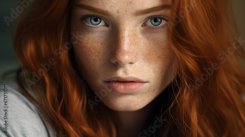 beautiful young woman face closeup. redhair. freckles