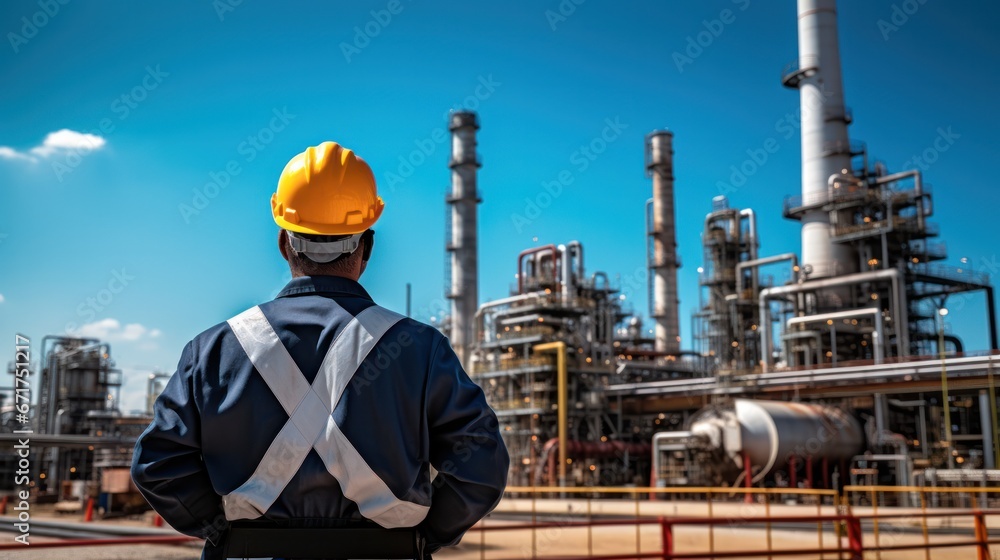 Engineer working at oil and gas plant. Refinery plant. Equipment steel pipes. Industry and factory Engineer working at oil and gas plant. Refinery plant. Equipment steel pipes. Industry and factory