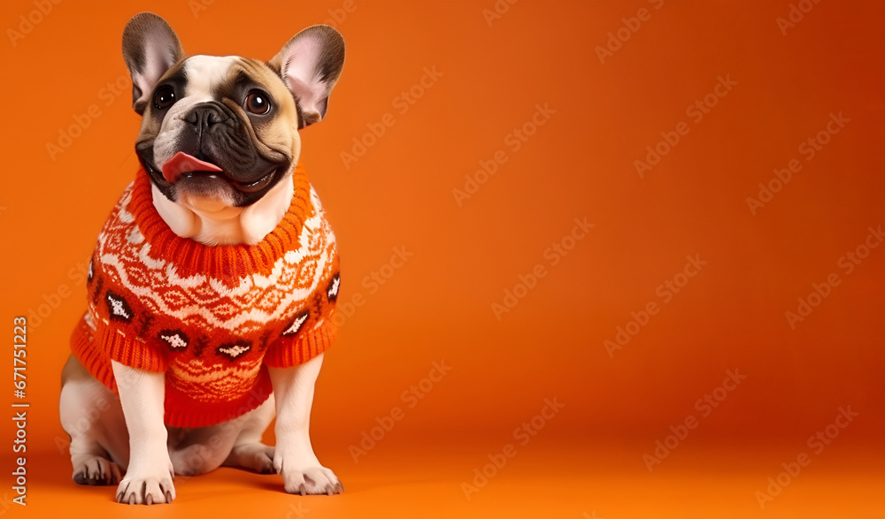 A small and charming dog wearing a Christmas sweater set against an orange backdrop - obrazy, fototapety, plakaty 