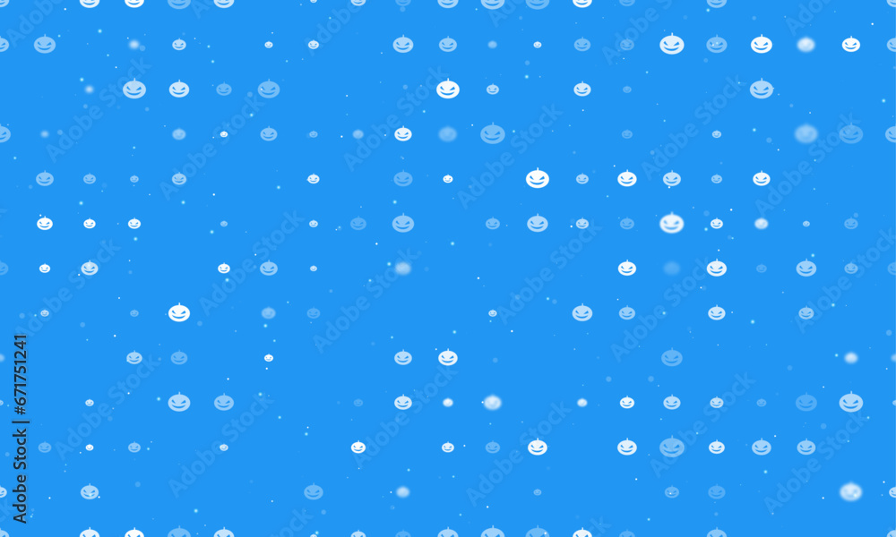 Seamless background pattern of evenly spaced white halloween pumpkin symbols of different sizes and opacity. Vector illustration on blue background with stars