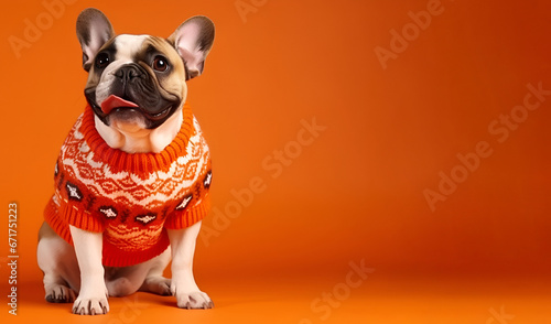 A small and charming dog wearing a Christmas sweater set against an orange backdrop photo