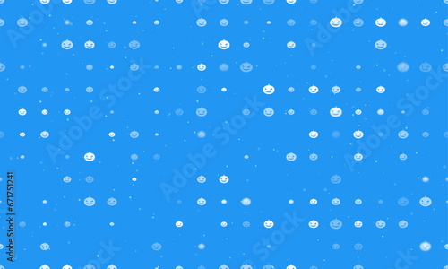 Seamless background pattern of evenly spaced white halloween pumpkin symbols of different sizes and opacity. Vector illustration on blue background with stars