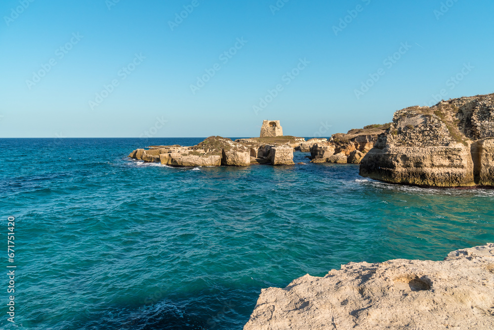 Landscape of Adriatic sea with view of Roca Vecchia, province of Lecce, Puglia, Italy