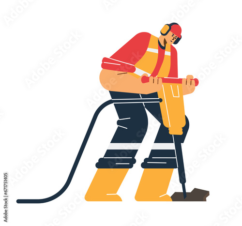 Worker working with drilling machine, road construction builder with vibrator equipment, road repair vector illustration