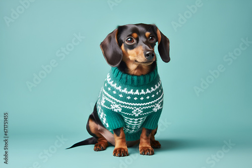 Dachshund dog in a Christmas sweater on a blue background photo