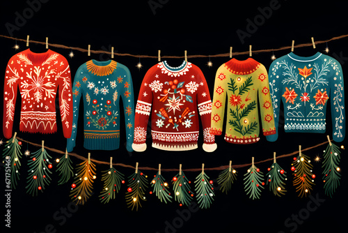 Illustration featuring Christmas sweaters on a dark background