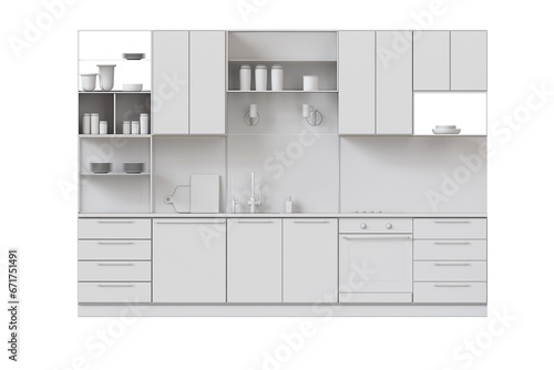 modern kitchen isolated on white background  home furniture  3D illustration  cg render